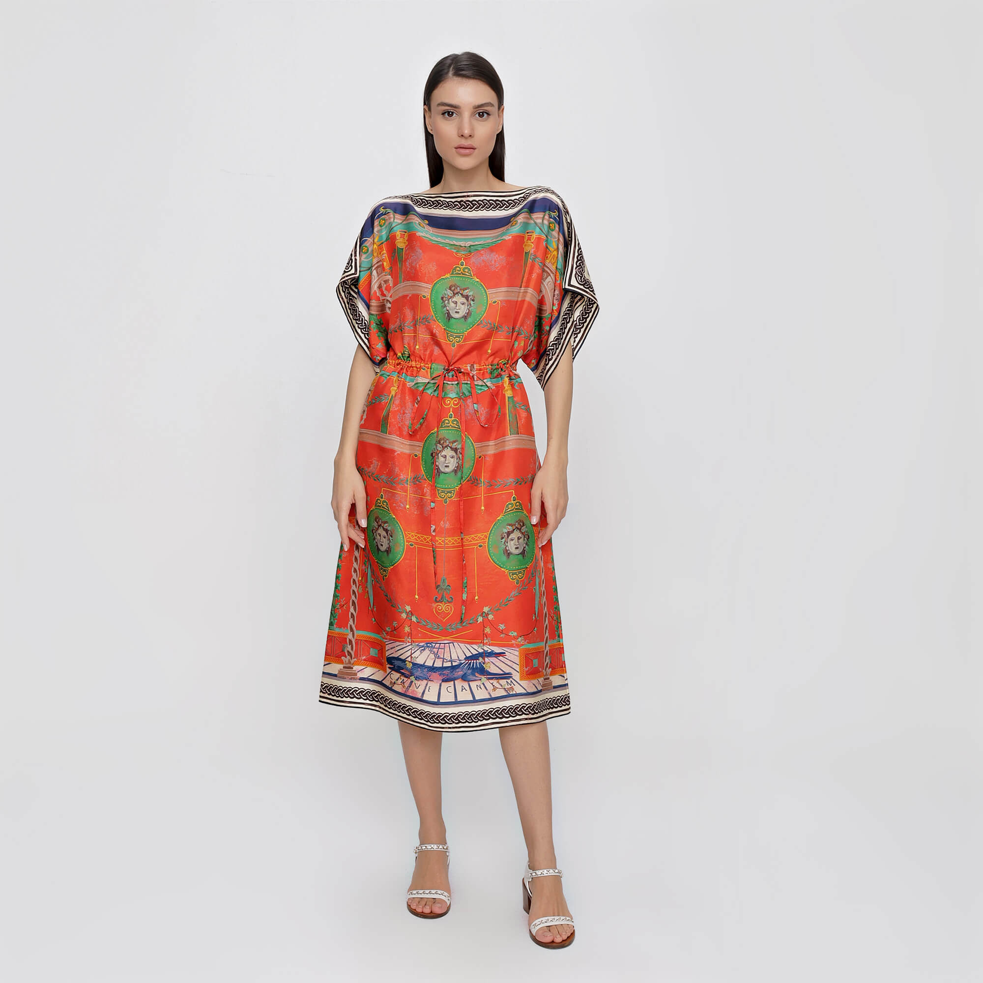 Gucci - Orange Silk Graphic Print Drawstring Waist Mid Length Dress